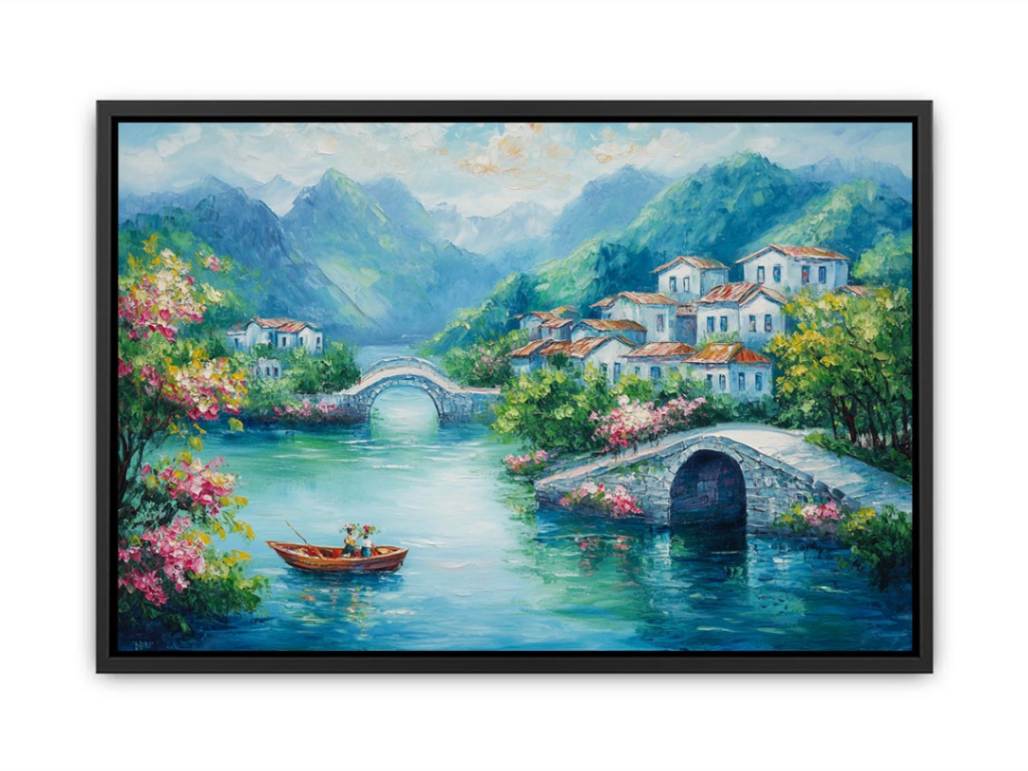 Romantic village bridge canvas art with blue water for elegant living room decor.