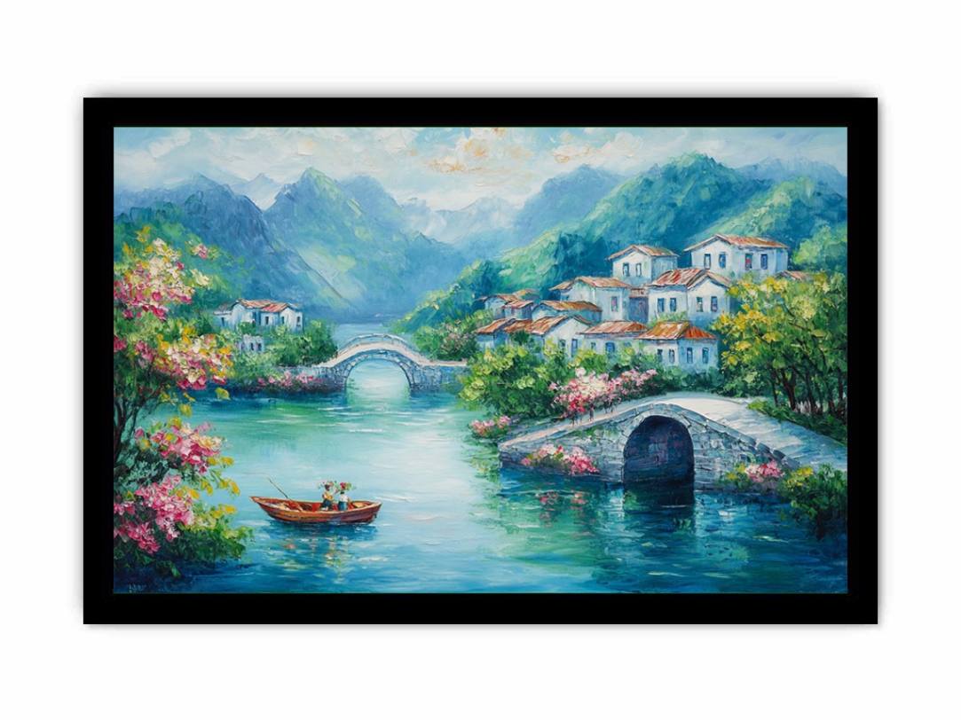 Romantic village bridge canvas art with blue water for elegant living room decor.