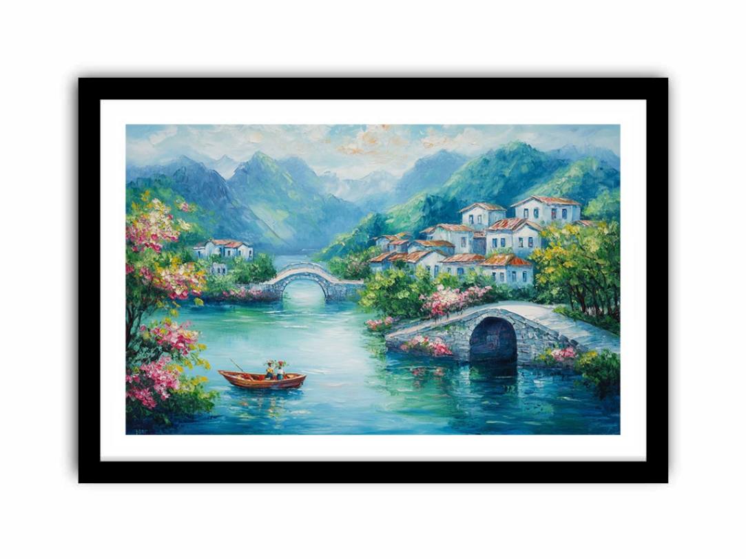 Romantic village bridge canvas art with blue water for elegant living room decor.