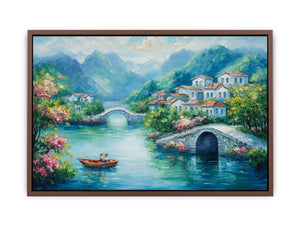 Romantic village bridge canvas art with blue water for elegant living room decor.