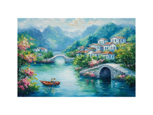 Romantic village bridge canvas art with blue water for elegant living room decor.