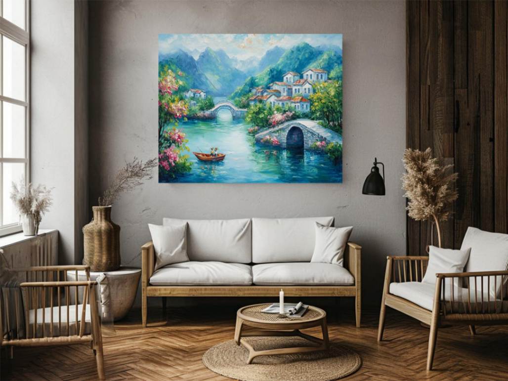 Romantic village bridge canvas art with blue water for elegant living room decor.