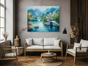 Romantic village bridge canvas art with blue water for elegant living room decor.