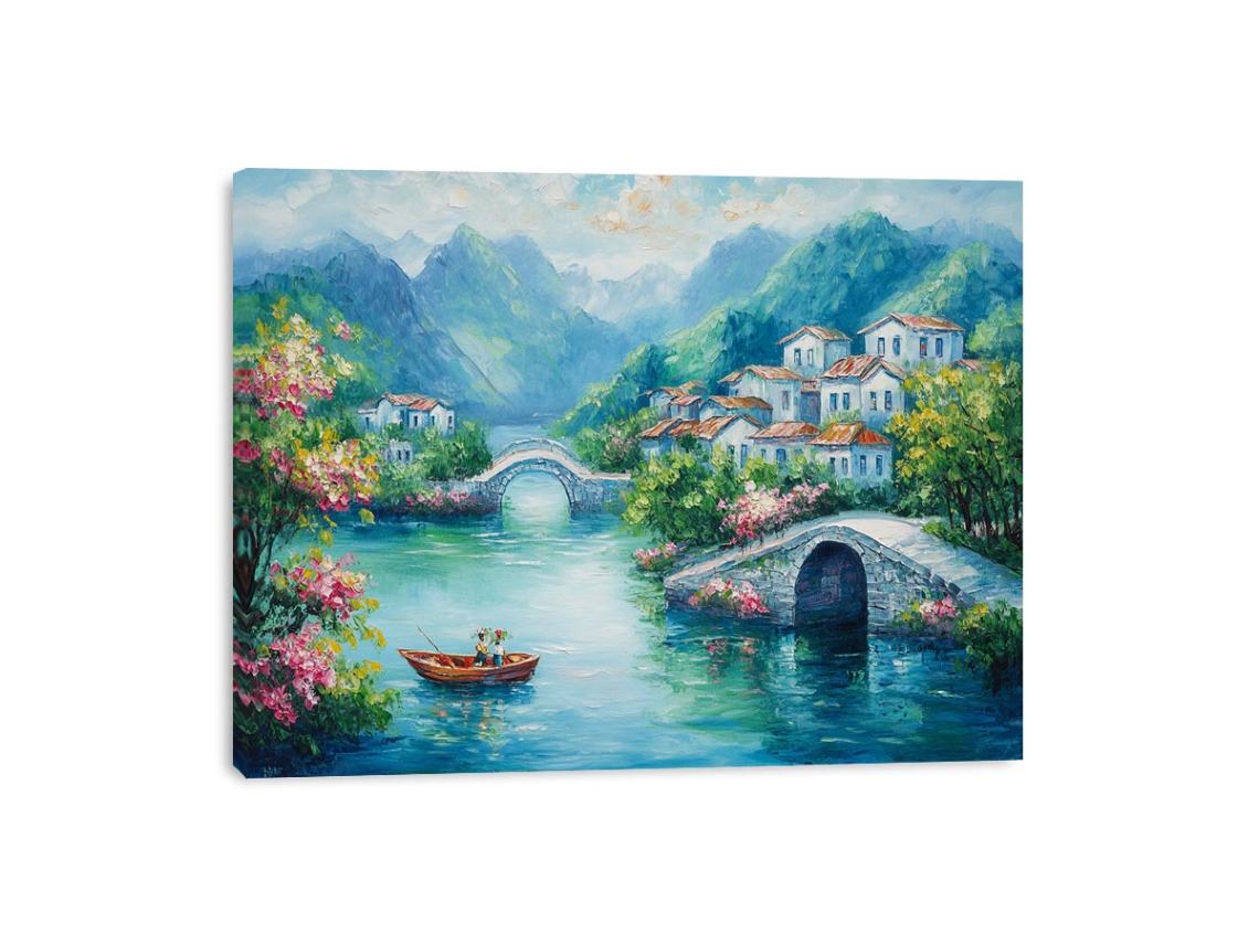 Romantic village bridge canvas art with blue water for elegant living room decor.