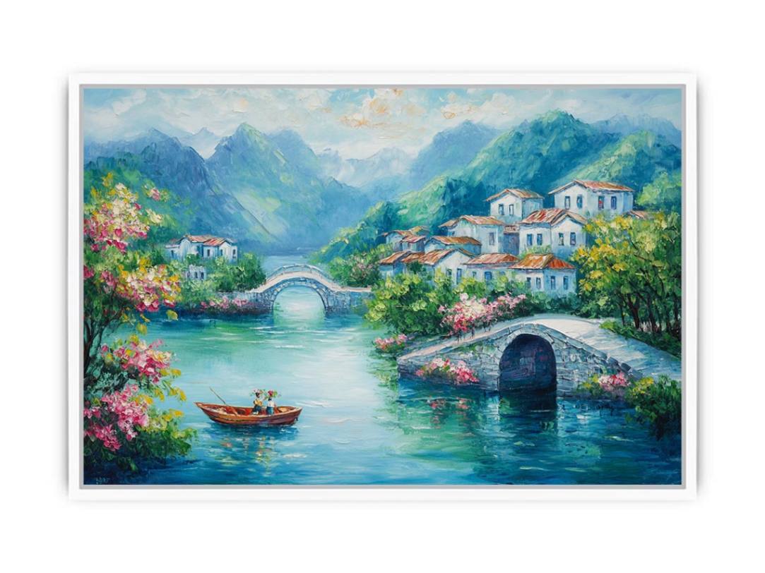 Romantic village bridge canvas art with blue water for elegant living room decor.