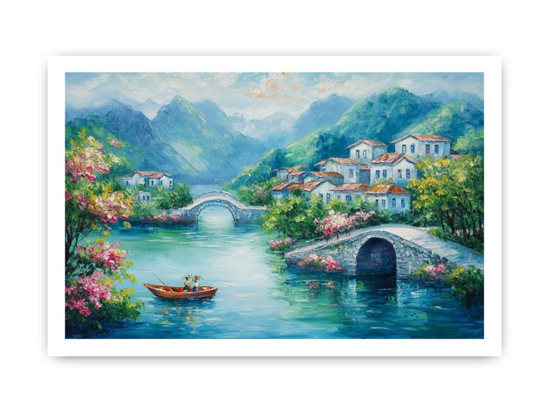 Romantic village bridge canvas art with blue water for elegant living room decor.