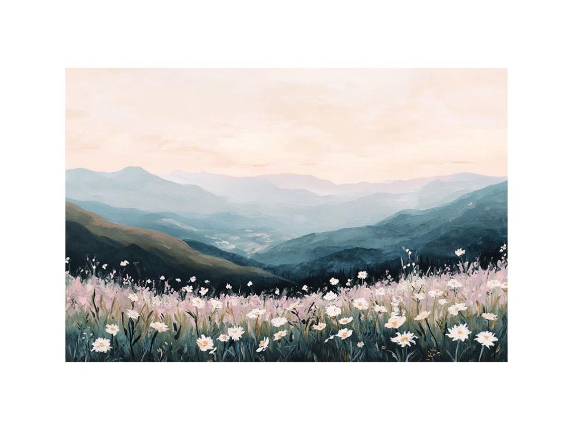 Soft daisy meadow mountain canvas art for peaceful bedroom and living room decor.