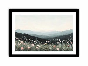 Moody wildflower mountain canvas art for elegant bedroom and living room decor.