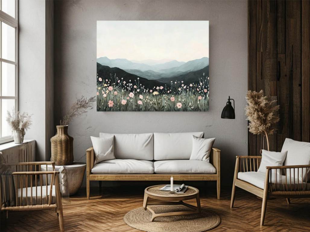 Moody wildflower mountain canvas art for elegant bedroom and living room decor.