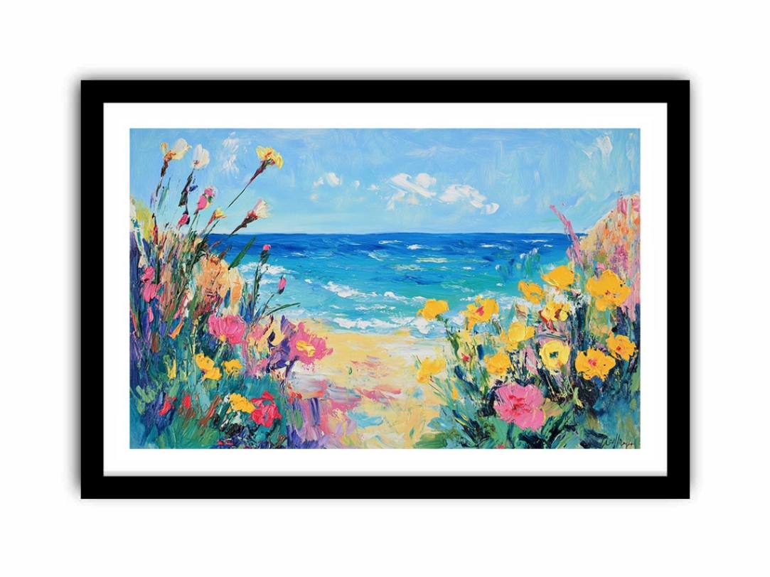Colorful coastal flower canvas art with ocean view for beach house living room decor.