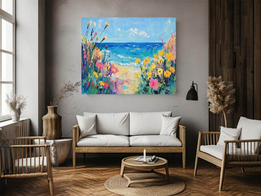 Colorful coastal flower canvas art with ocean view for beach house living room decor.