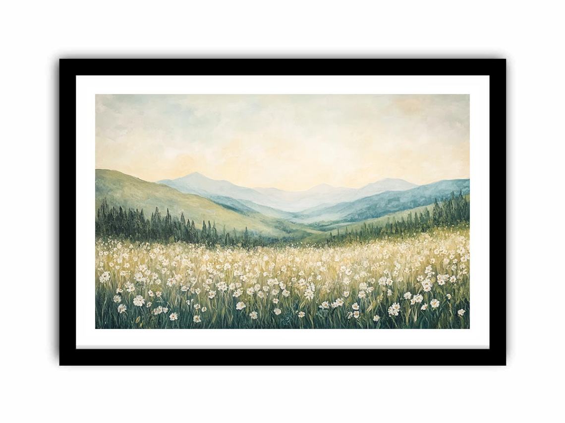 White wildflower meadow canvas art with soft mountains for peaceful bedroom decor.