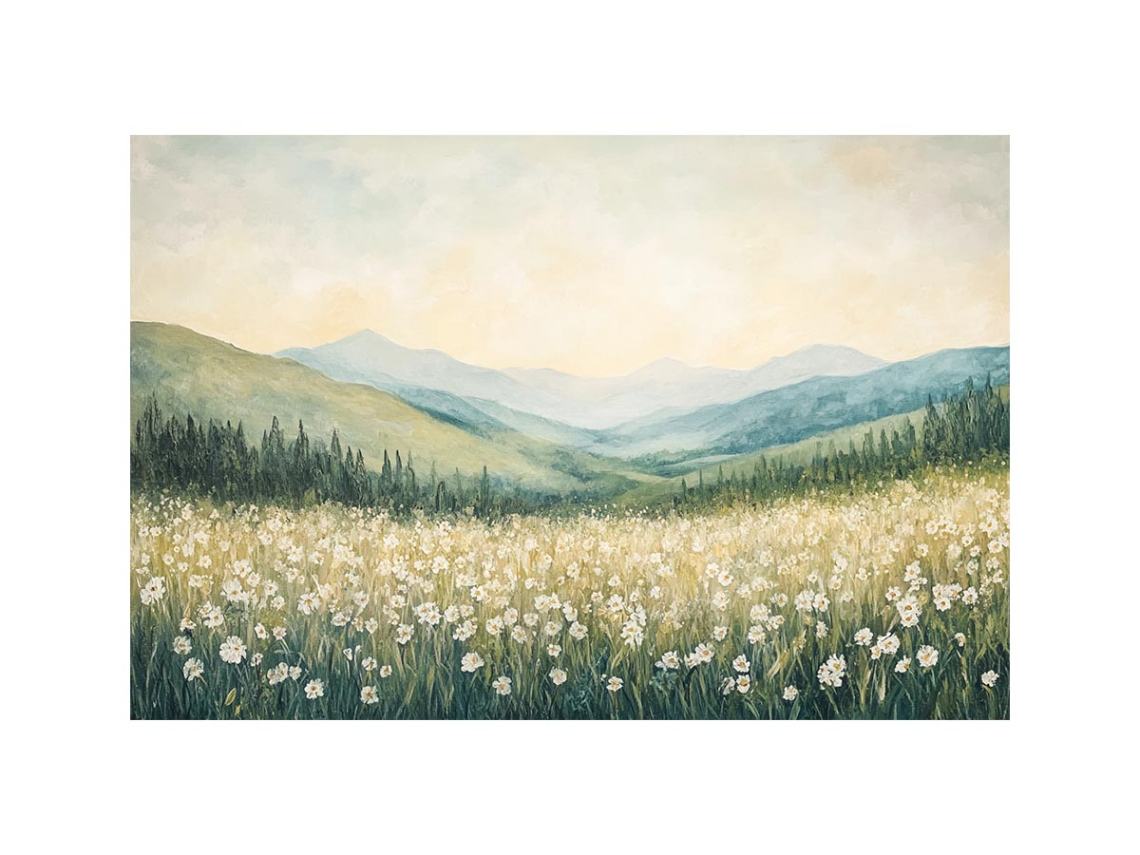 White wildflower meadow canvas art with soft mountains for peaceful bedroom decor.