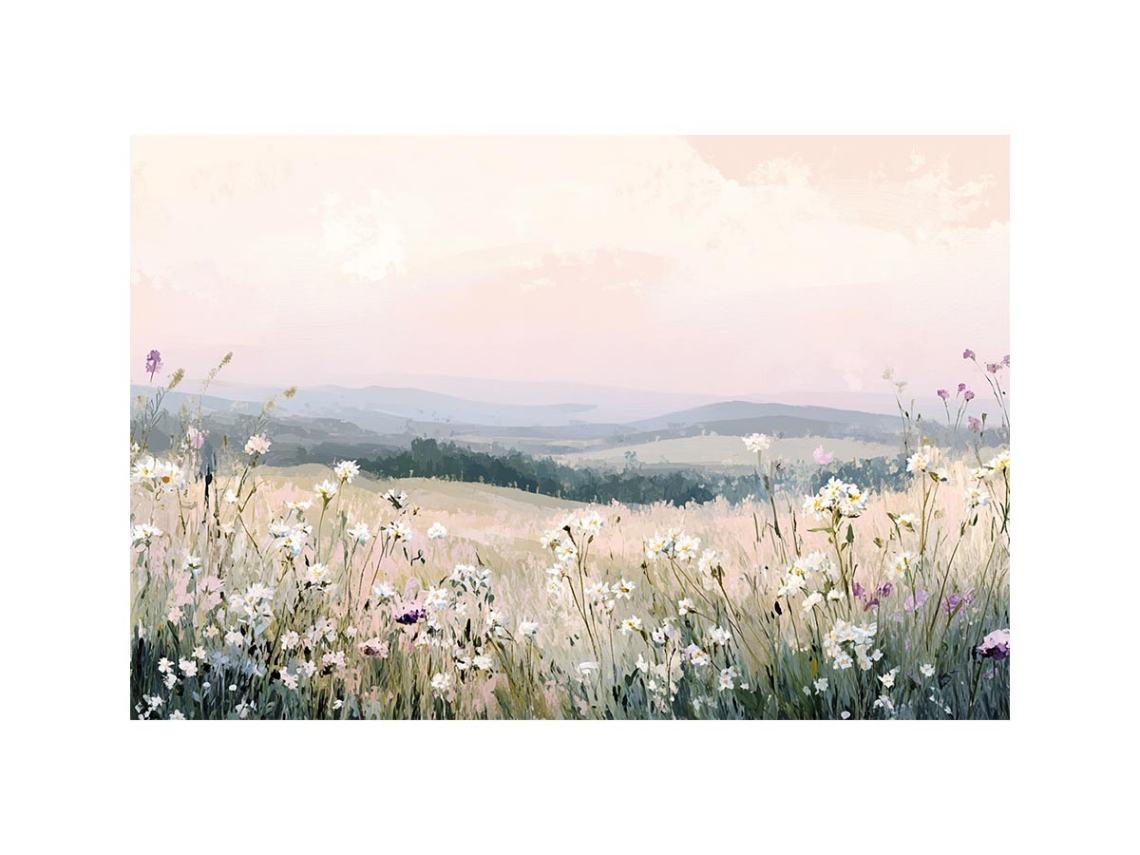 Soft blush wildflower field canvas art for peaceful bedroom and nursery decor.