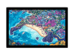 Vibrant aerial island city canvas art with beach and ocean for creative room decor.
