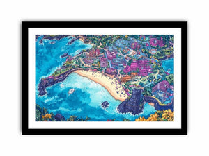 Vibrant aerial island city canvas art with beach and ocean for creative room decor.