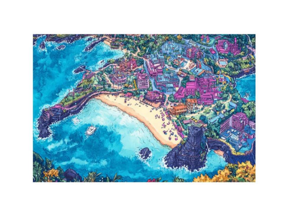 Vibrant aerial island city canvas art with beach and ocean for creative room decor.