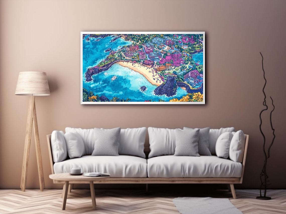 Vibrant aerial island city canvas art with beach and ocean for creative room decor.