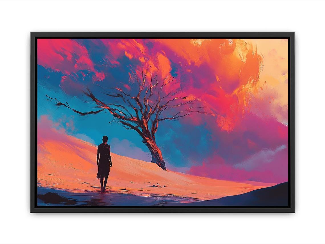 Surreal desert canvas art with lone figure and crimson clouds for bold modern decor.