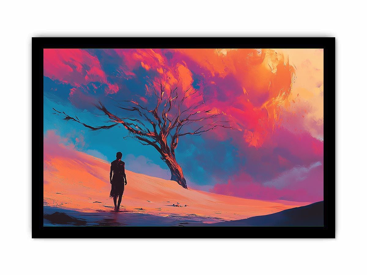 Surreal desert canvas art with lone figure and crimson clouds for bold modern decor.