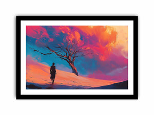 Surreal desert canvas art with lone figure and crimson clouds for bold modern decor.