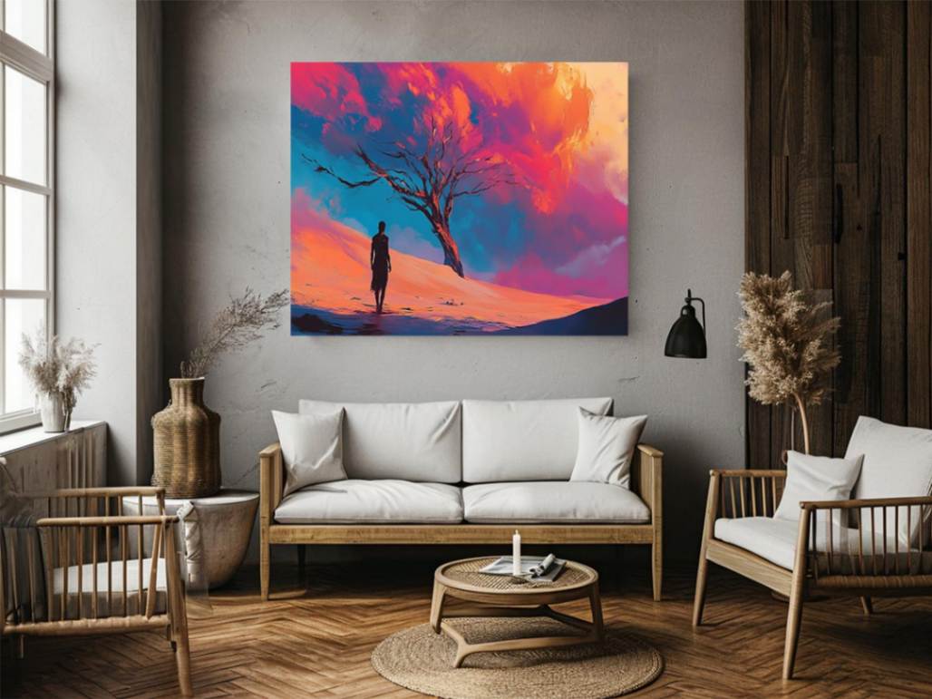 Surreal desert canvas art with lone figure and crimson clouds for bold modern decor.