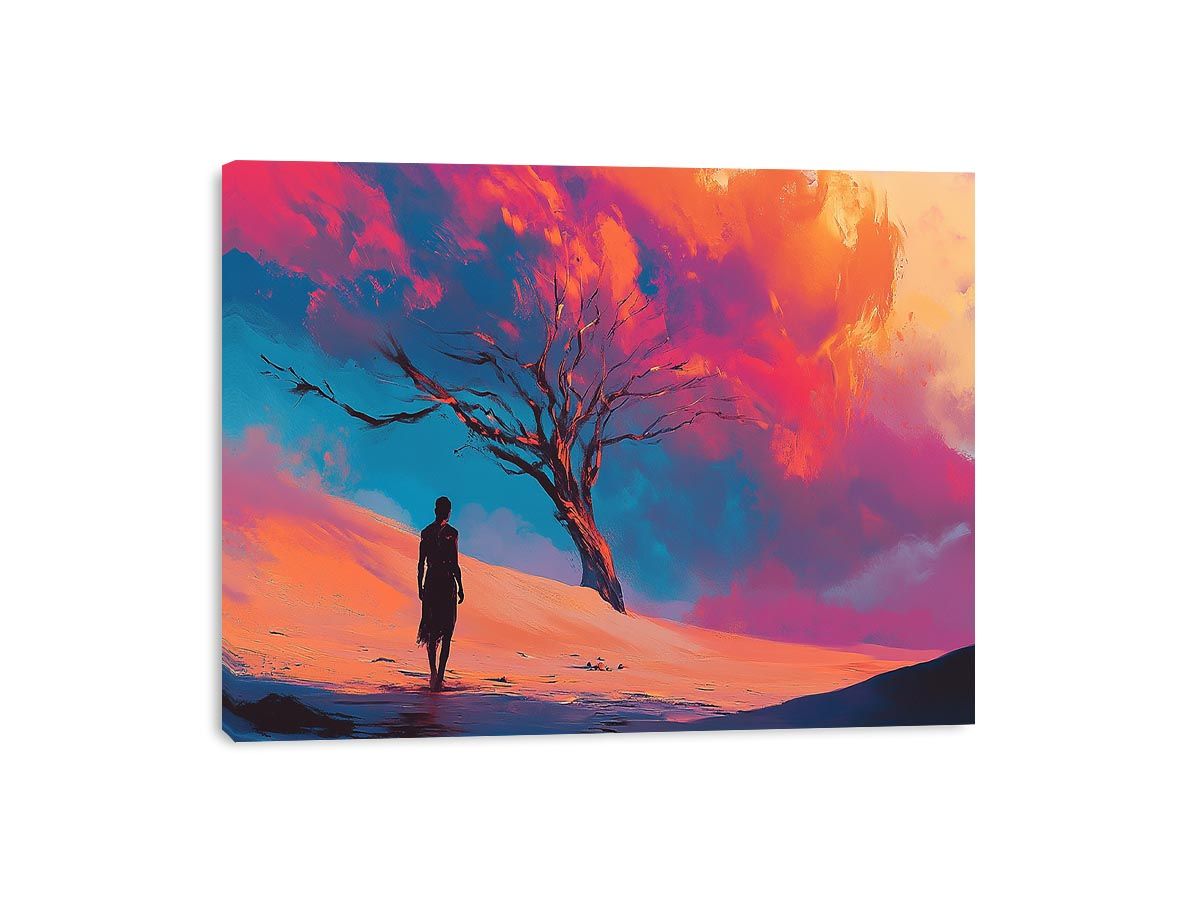 Surreal desert canvas art with lone figure and crimson clouds for bold modern decor.