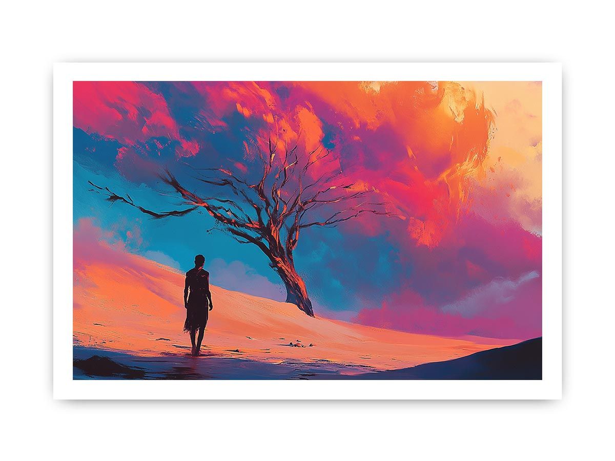 Surreal desert canvas art with lone figure and crimson clouds for bold modern decor.