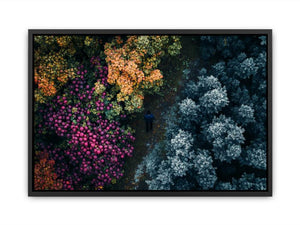Aerial orchard canvas art with colorful trees and fruit for modern living room decor.
