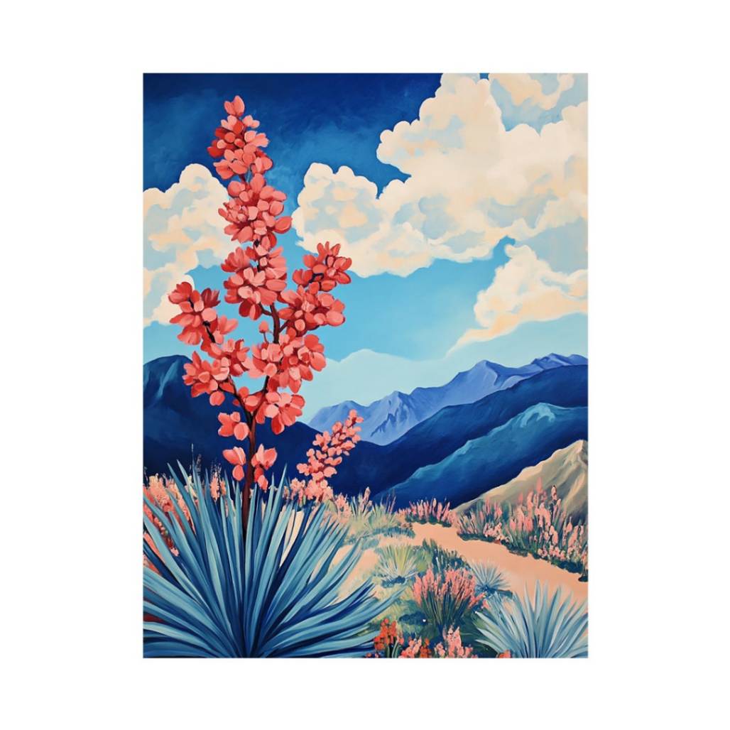 Vertical desert floral canvas art with blue mountains for modern living room decor.