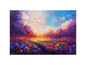 Colorful abstract meadow canvas art with sunset flowers for living room wall decor.