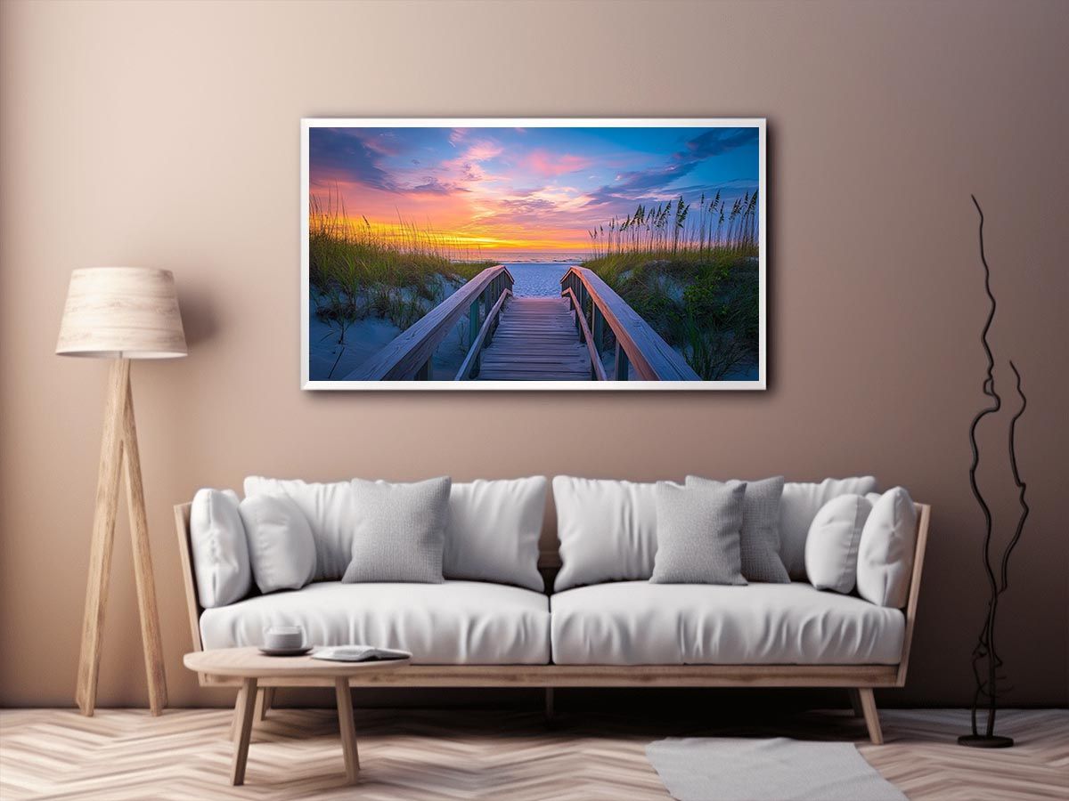 Coastal boardwalk sunrise photography canvas art for beach house living room decor.
