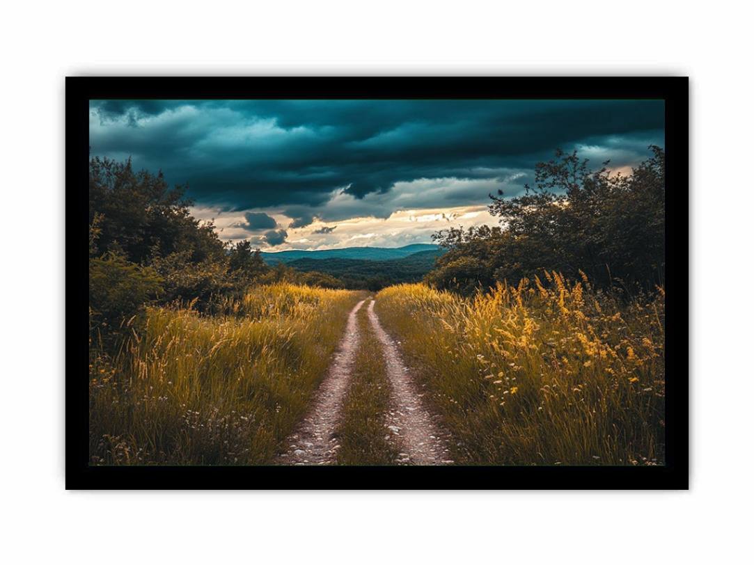 Moody storm landscape canvas art with country road for rustic modern living room decor.