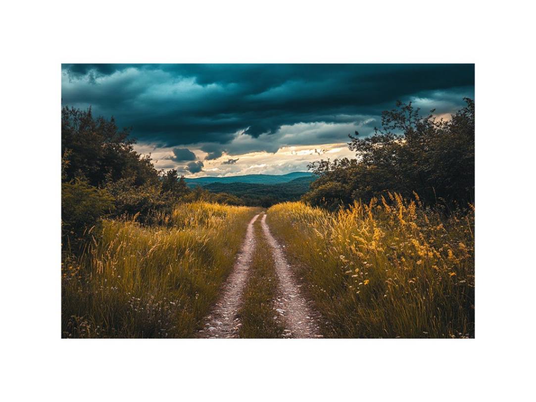 Moody storm landscape canvas art with country road for rustic modern living room decor.