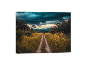 Moody storm landscape canvas art with country road for rustic modern living room decor.