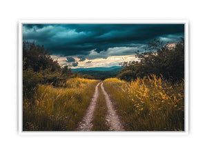 Moody storm landscape canvas art with country road for rustic modern living room decor.