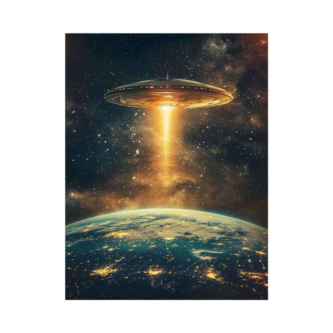 Vertical UFO space canvas art with glowing Earth for modern office or media room decor.
