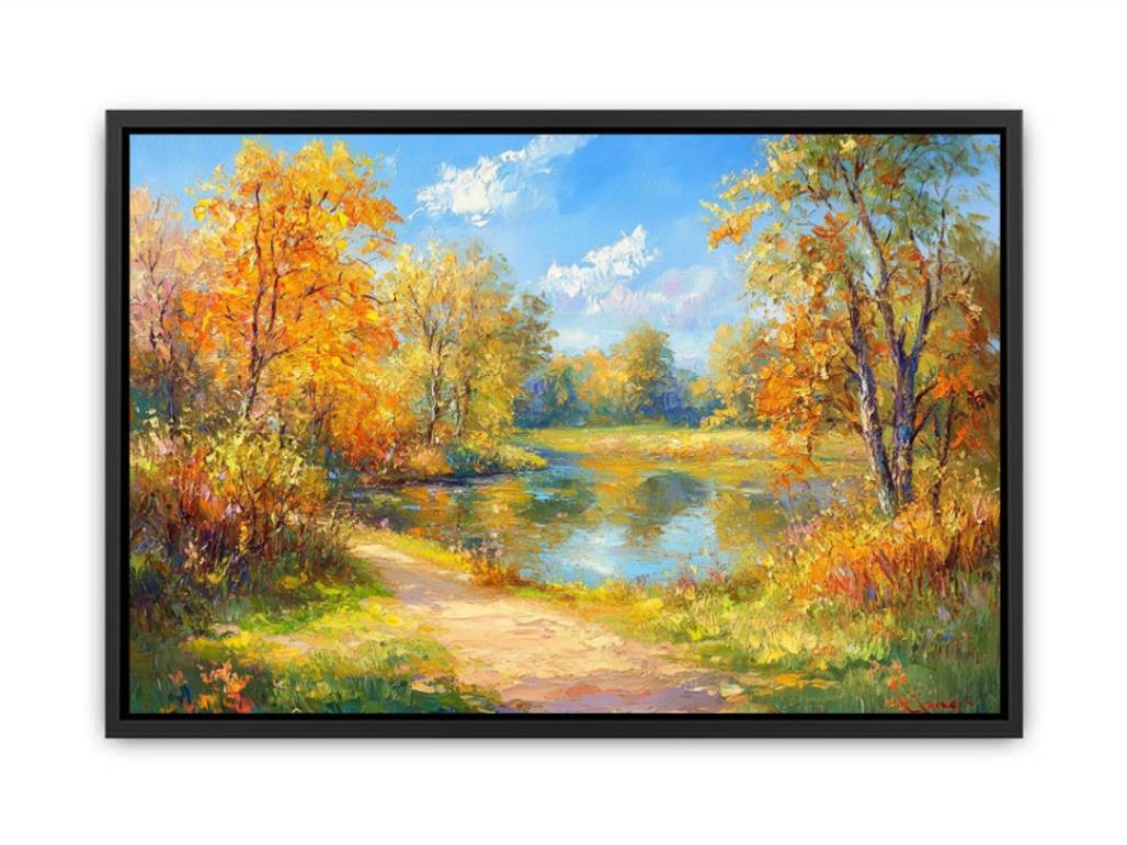 Impressionist autumn river canvas art with golden trees for warm living room decor.