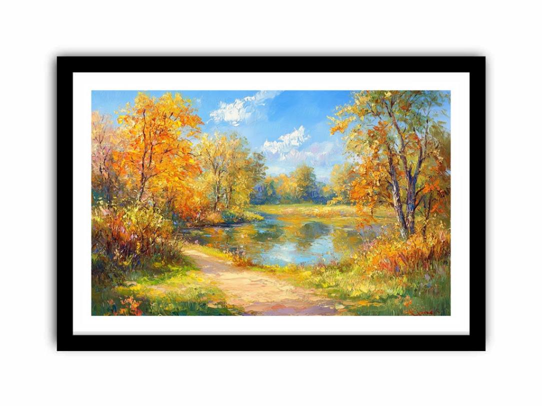 Impressionist autumn river canvas art with golden trees for warm living room decor.