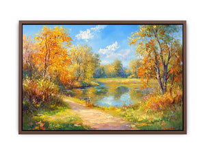Impressionist autumn river canvas art with golden trees for warm living room decor.
