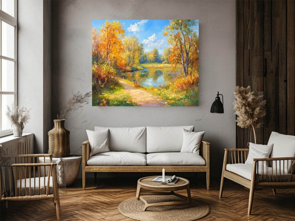 Impressionist autumn river canvas art with golden trees for warm living room decor.