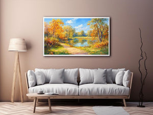 Impressionist autumn river canvas art with golden trees for warm living room decor.