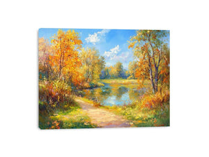 Impressionist autumn river canvas art with golden trees for warm living room decor.