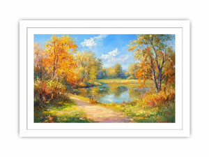 Impressionist autumn river canvas art with golden trees for warm living room decor.