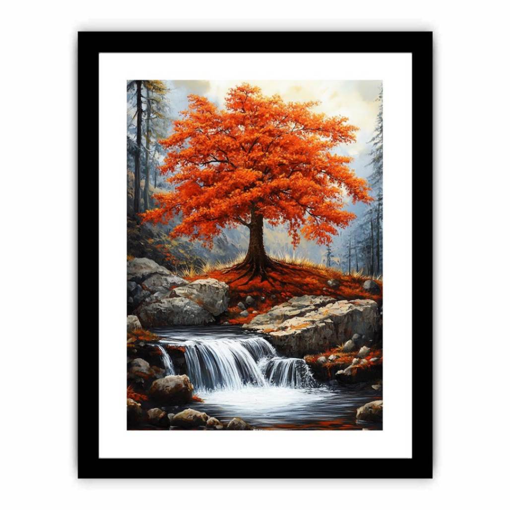Vertical autumn waterfall canvas art with red tree for rustic modern living room decor.