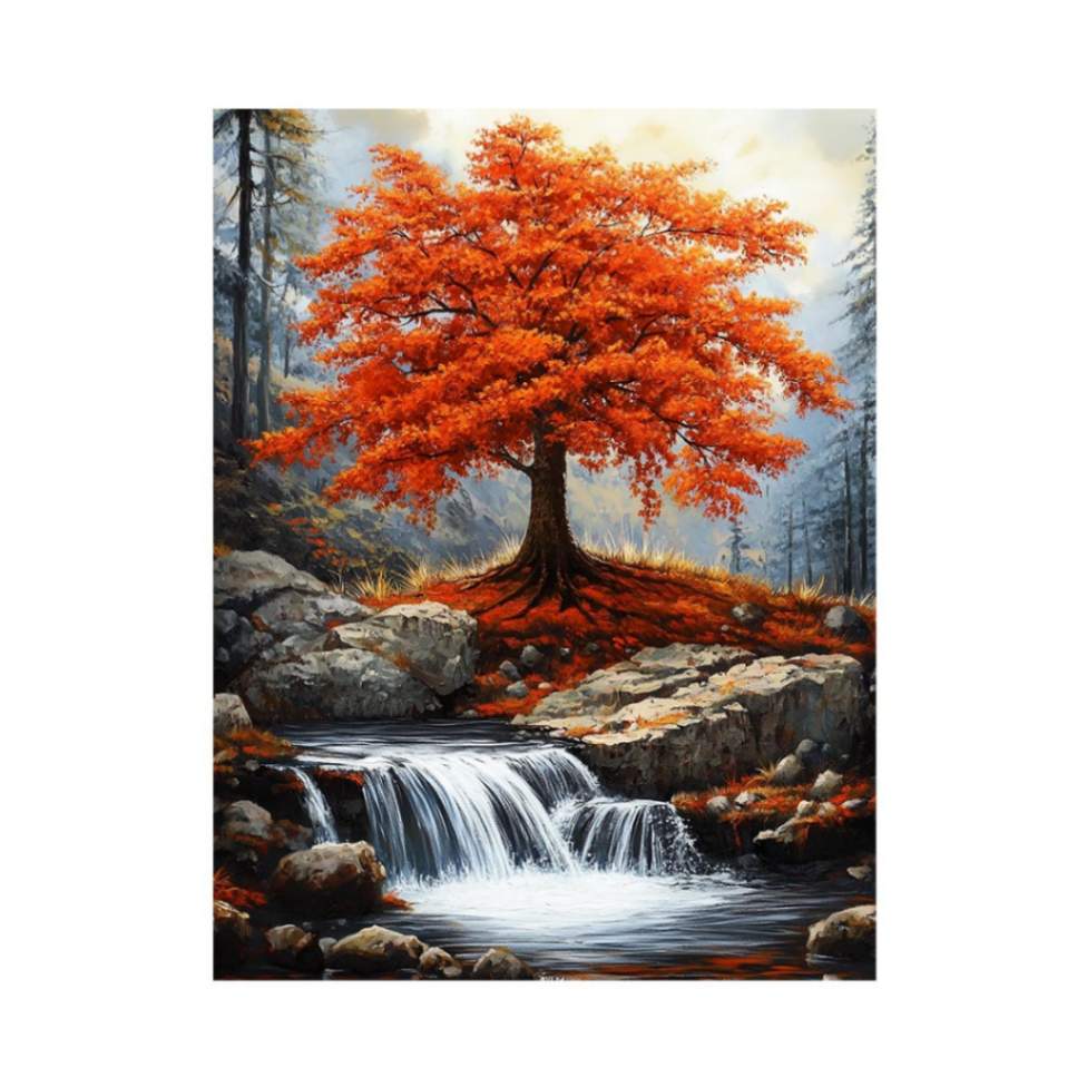 Vertical autumn waterfall canvas art with red tree for rustic modern living room decor.
