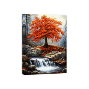 Vertical autumn waterfall canvas art with red tree for rustic modern living room decor.