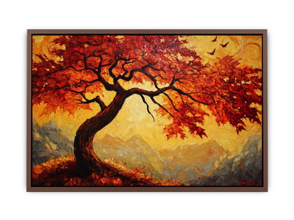 Expressive autumn tree canvas art with amber leaves for warm living room wall decor.