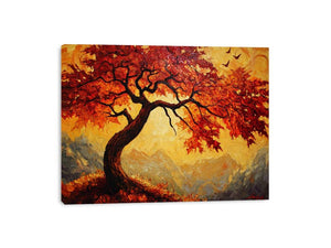 Expressive autumn tree canvas art with amber leaves for warm living room wall decor.