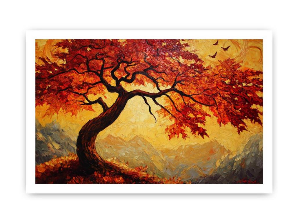 Expressive autumn tree canvas art with amber leaves for warm living room wall decor.